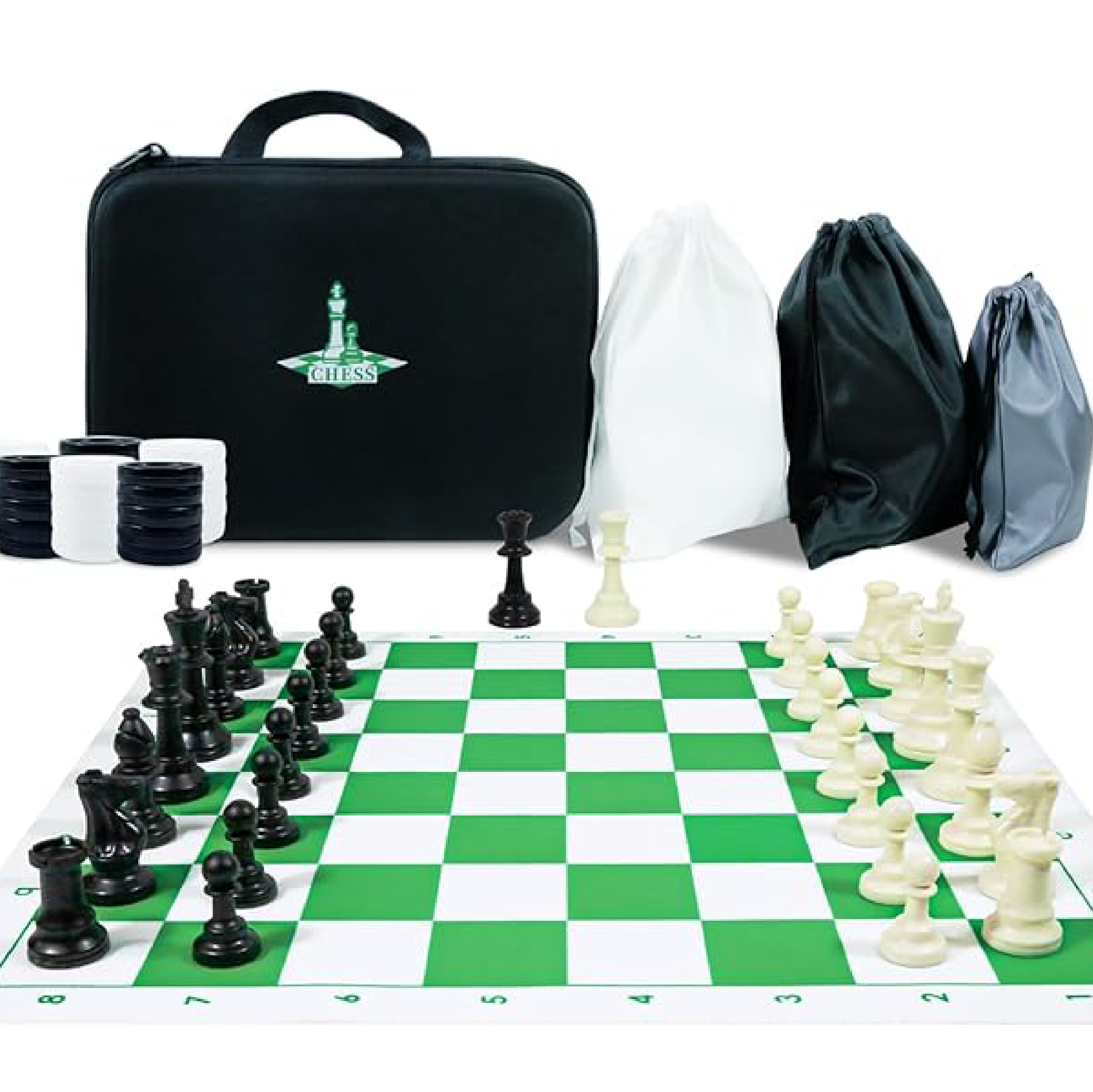 Chess set arranged on a green and white board with storage bags
